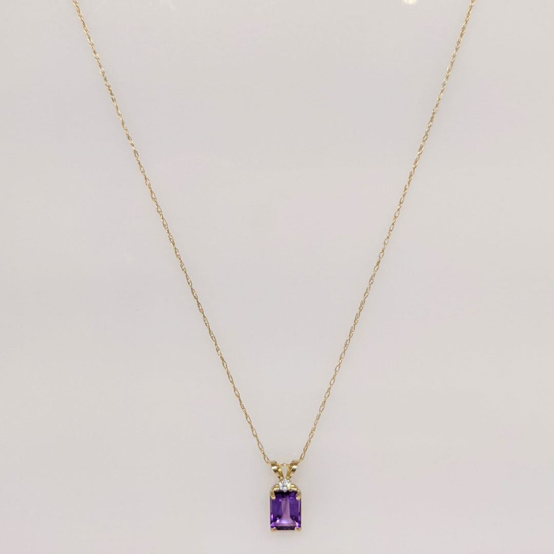 10K AMETHYST EMERALD CUT 5X7 WITH CUBIC ZIRCONIA ESTATE PENDANT & CHAIN 0.9 GRAMS
