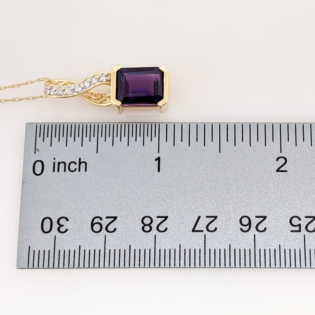 14K AMETHYST EMERALD CUT 8X10 1/2 BEZEL WITH MELEE ESTATE PENDANT & CHAIN 5.0 GRAMS