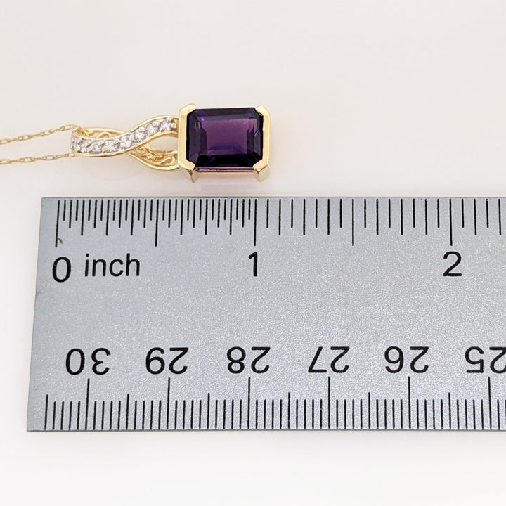 14K AMETHYST EMERALD CUT 8X10 1/2 BEZEL WITH MELEE ESTATE PENDANT & CHAIN 5.0 GRAMS