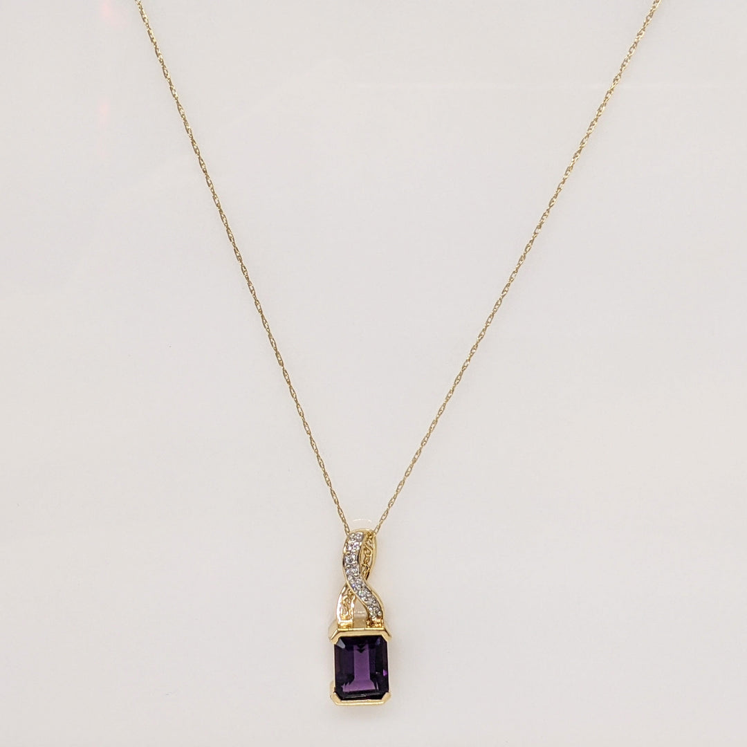 14K AMETHYST EMERALD CUT 8X10 1/2 BEZEL WITH MELEE ESTATE PENDANT & CHAIN 5.0 GRAMS