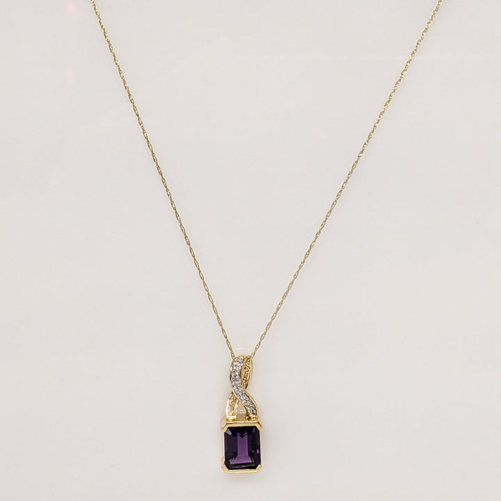 14K AMETHYST EMERALD CUT 8X10 1/2 BEZEL WITH MELEE ESTATE PENDANT & CHAIN 5.0 GRAMS