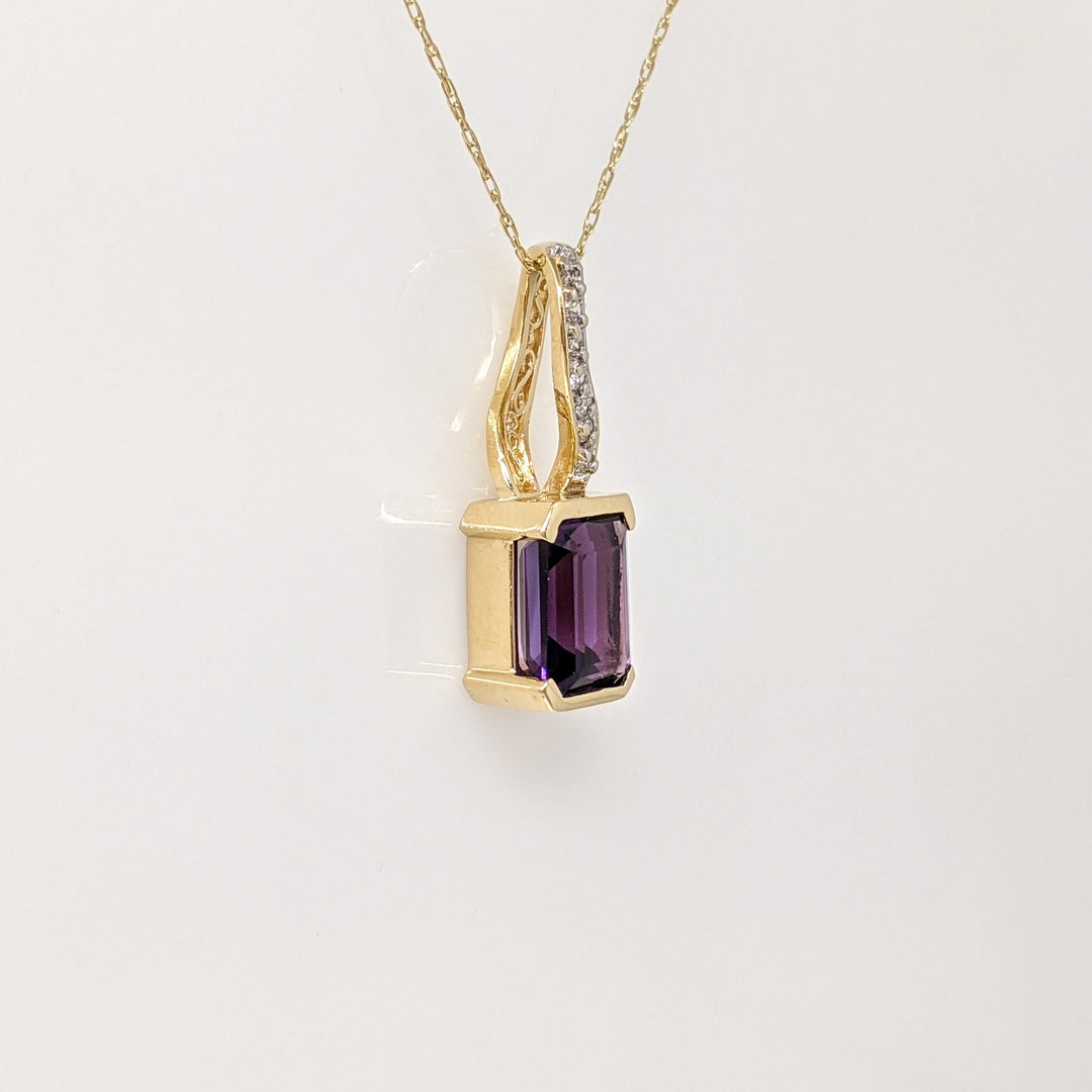 14K AMETHYST EMERALD CUT 8X10 1/2 BEZEL WITH MELEE ESTATE PENDANT & CHAIN 5.0 GRAMS