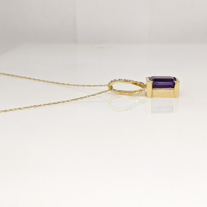 14K AMETHYST EMERALD CUT 8X10 1/2 BEZEL WITH MELEE ESTATE PENDANT & CHAIN 5.0 GRAMS