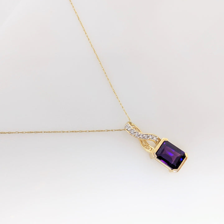 14K AMETHYST EMERALD CUT 8X10 1/2 BEZEL WITH MELEE ESTATE PENDANT & CHAIN 5.0 GRAMS