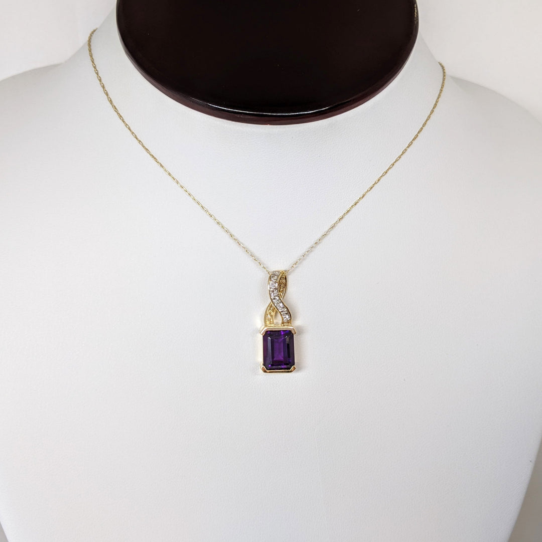 14K AMETHYST EMERALD CUT 8X10 1/2 BEZEL WITH MELEE ESTATE PENDANT & CHAIN 5.0 GRAMS