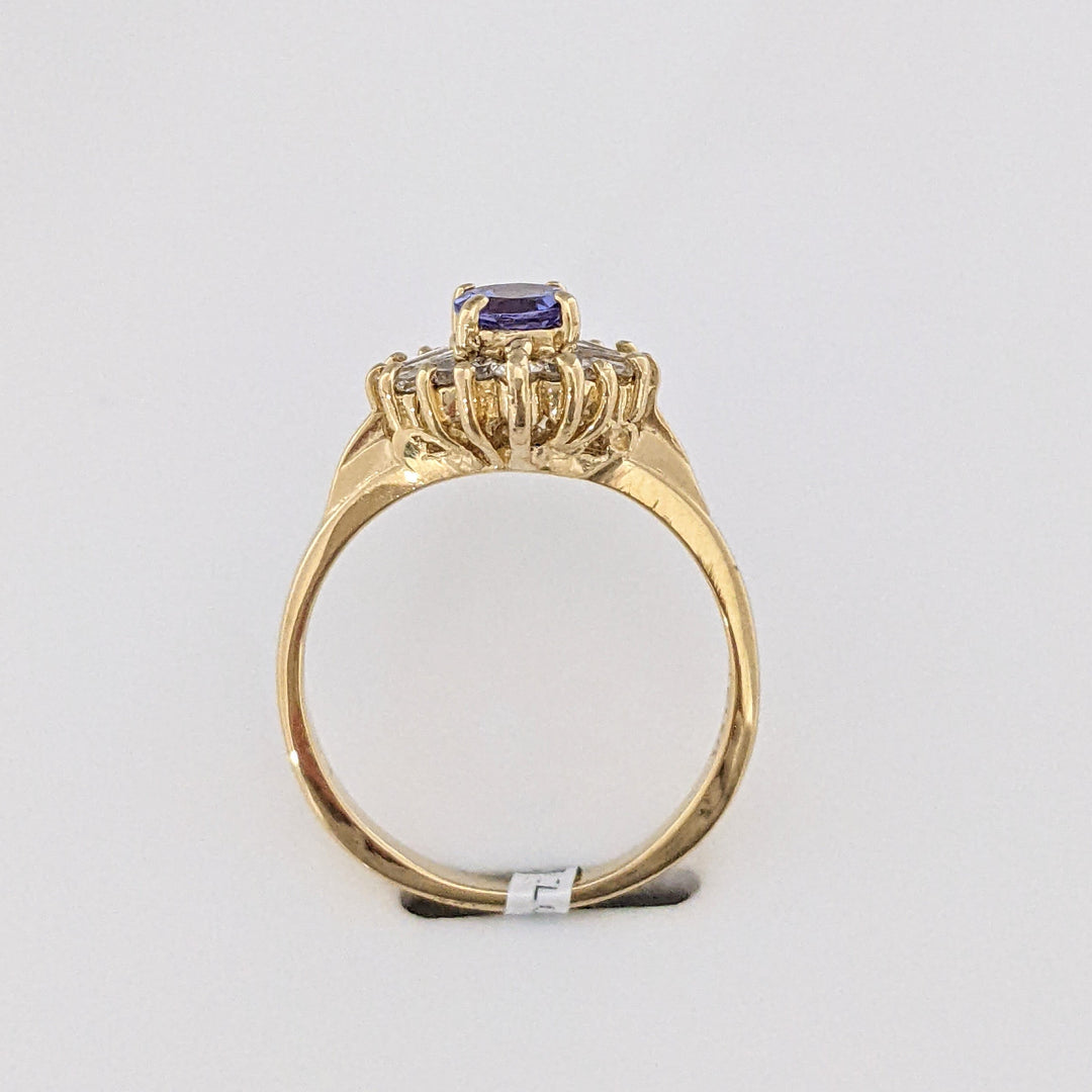 14K TANZANITE ROUND 4.5MM WITH ROUND/ BAGUETTE DIAMOND MELEE ESTATE RING 3.0 GRAMS