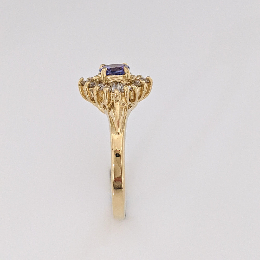 14K TANZANITE ROUND 4.5MM WITH ROUND/ BAGUETTE DIAMOND MELEE ESTATE RING 3.0 GRAMS
