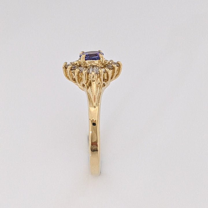 14K TANZANITE ROUND 4.5MM WITH ROUND/ BAGUETTE DIAMOND MELEE ESTATE RING 3.0 GRAMS
