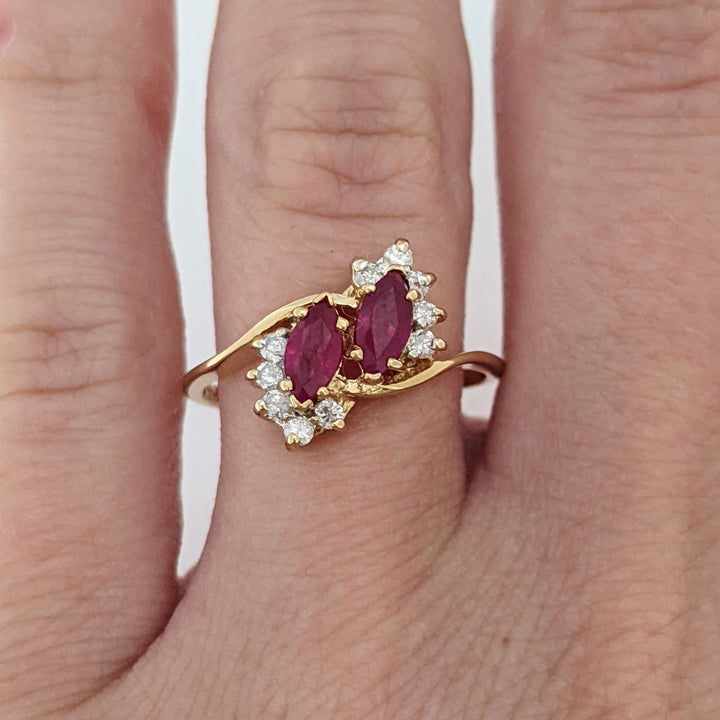 14K RUBY MARQUISE (2) 3X6 WITH (10) MELEE BYPASS ESTATE RING 2.2 GRAMS