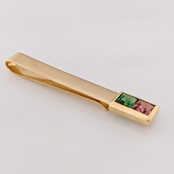 14K PINK/ GREEN TOURMALINE PRINCESS CUT 5MM ESTATE TIE TAC 5.8 GRAMS