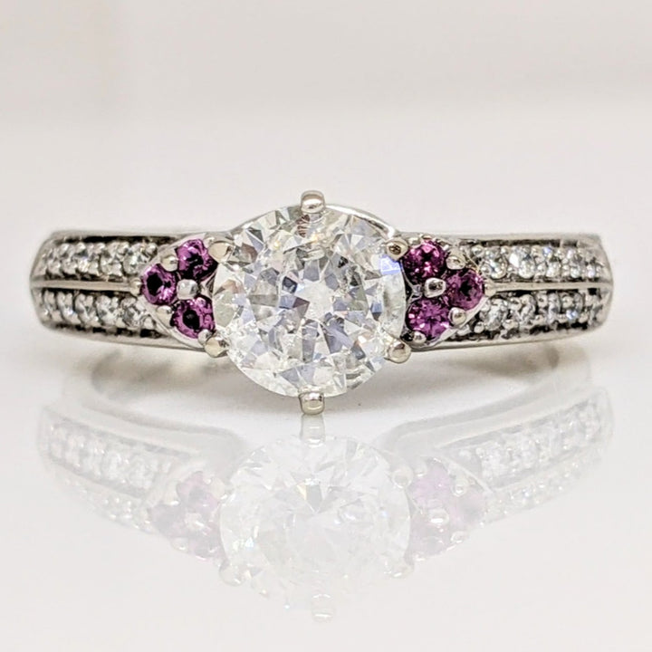 14K WHITE 1.15 CARAT TOTAL WEIGHT I3 I DIAMOND ROUND (21) WITH (6) PINK TOURMALINE ESTATE RING 4.9 GRAMS