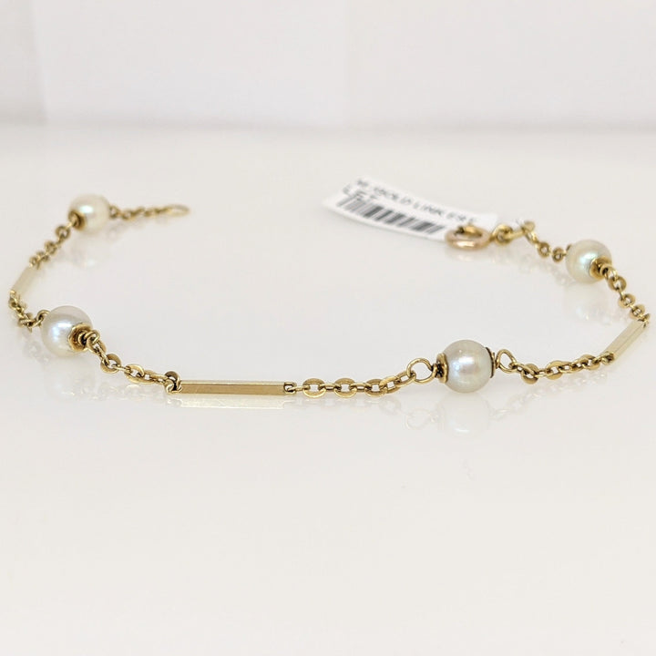 14K PEARL ROUND (4) 5MM GOLD LINK ESTATE BRACELET 2.7 GRAMS