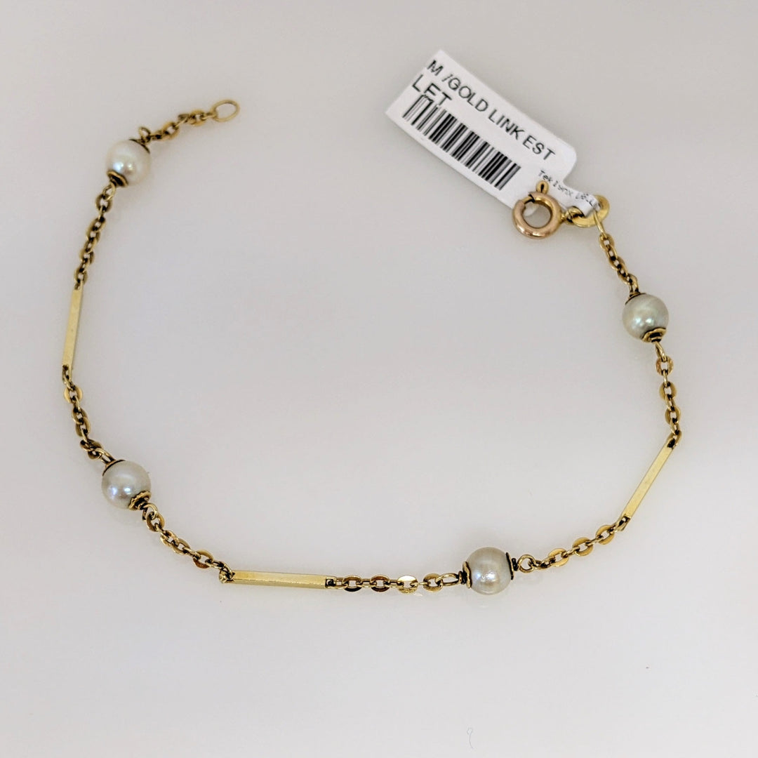 14K PEARL ROUND (4) 5MM GOLD LINK ESTATE BRACELET 2.7 GRAMS