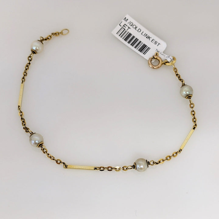 14K PEARL ROUND (4) 5MM GOLD LINK ESTATE BRACELET 2.7 GRAMS