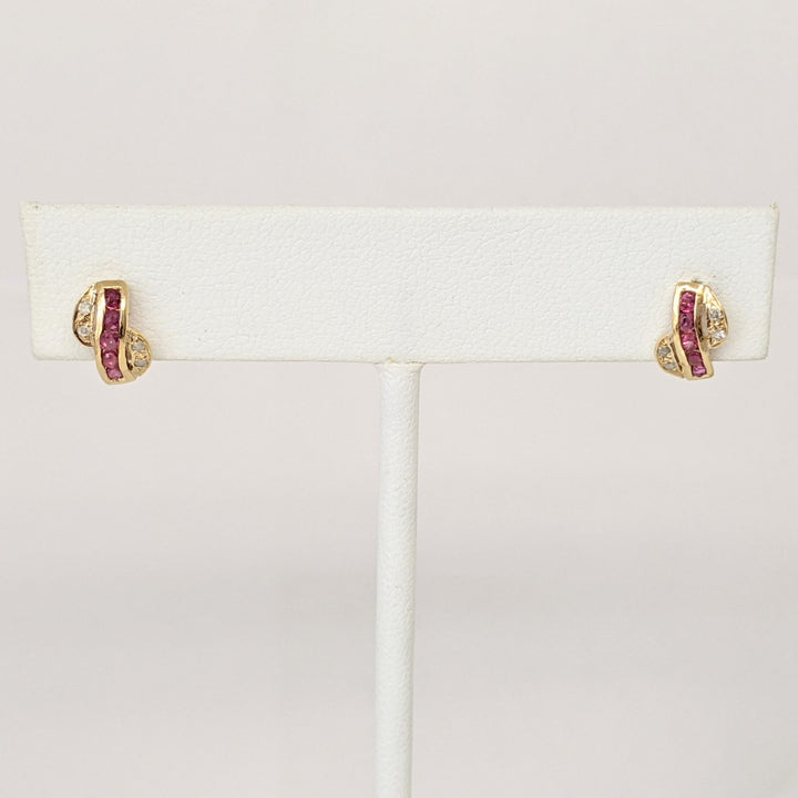 14K RUBY ROUND (10) 1.5MM WITH MELEE ESTATE EARRINGS 0.9 GRAMS
