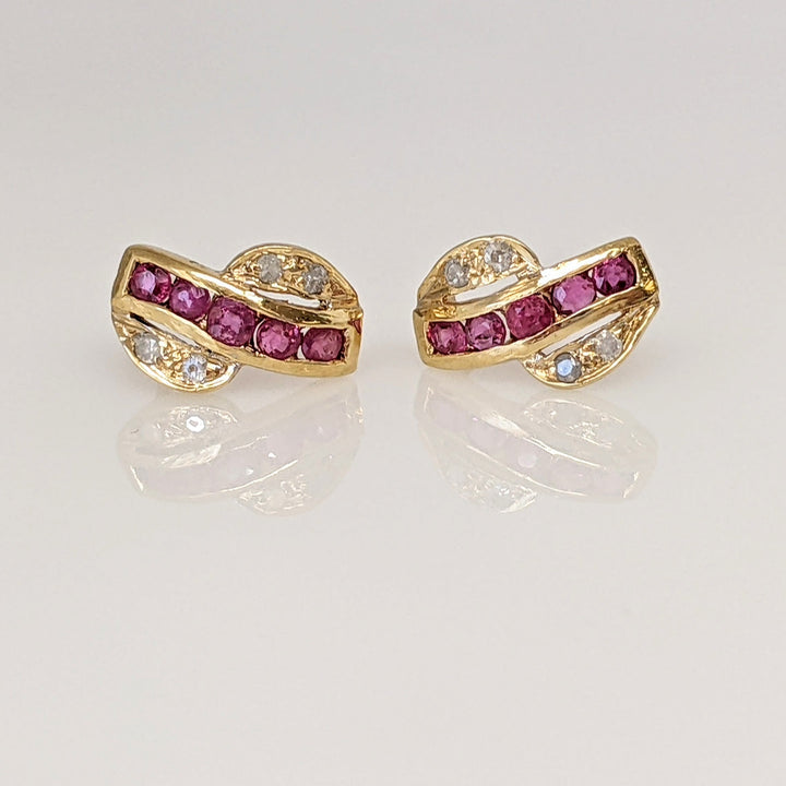 14K RUBY ROUND (10) 1.5MM WITH MELEE ESTATE EARRINGS 0.9 GRAMS