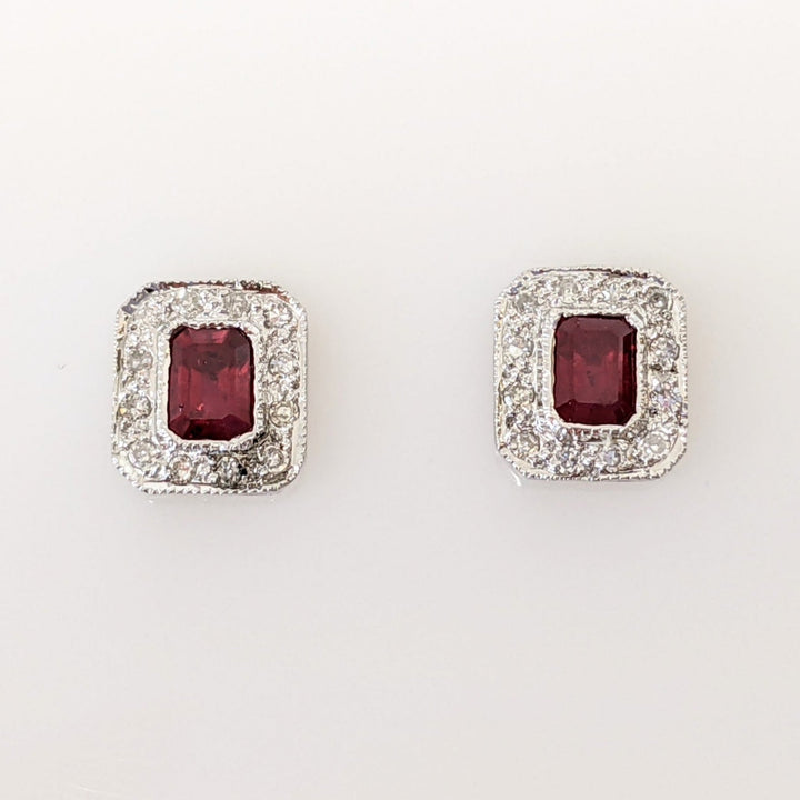 14K WHITE RUBY EMERALD CUT 3X4 WITH MELEE HALO FRAMED ESTATE EARRINGS 1.3 GRAMS