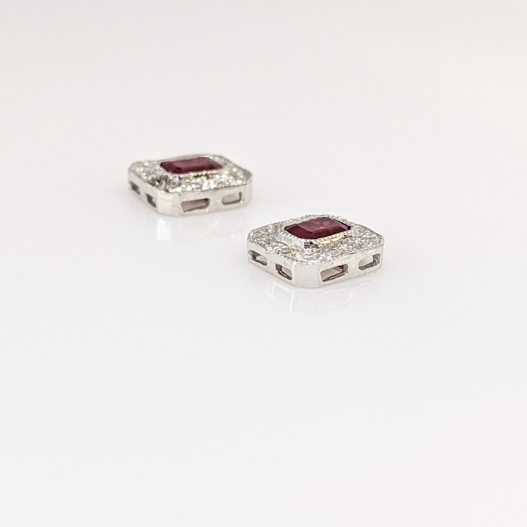 14K WHITE RUBY EMERALD CUT 3X4 WITH MELEE HALO FRAMED ESTATE EARRINGS 1.3 GRAMS