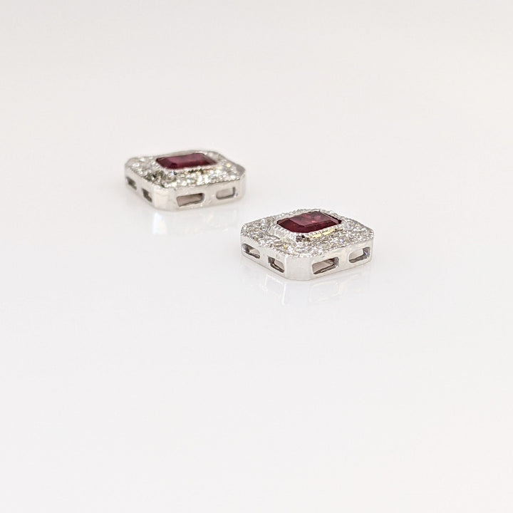 14K WHITE RUBY EMERALD CUT 3X4 WITH MELEE HALO FRAMED ESTATE EARRINGS 1.3 GRAMS