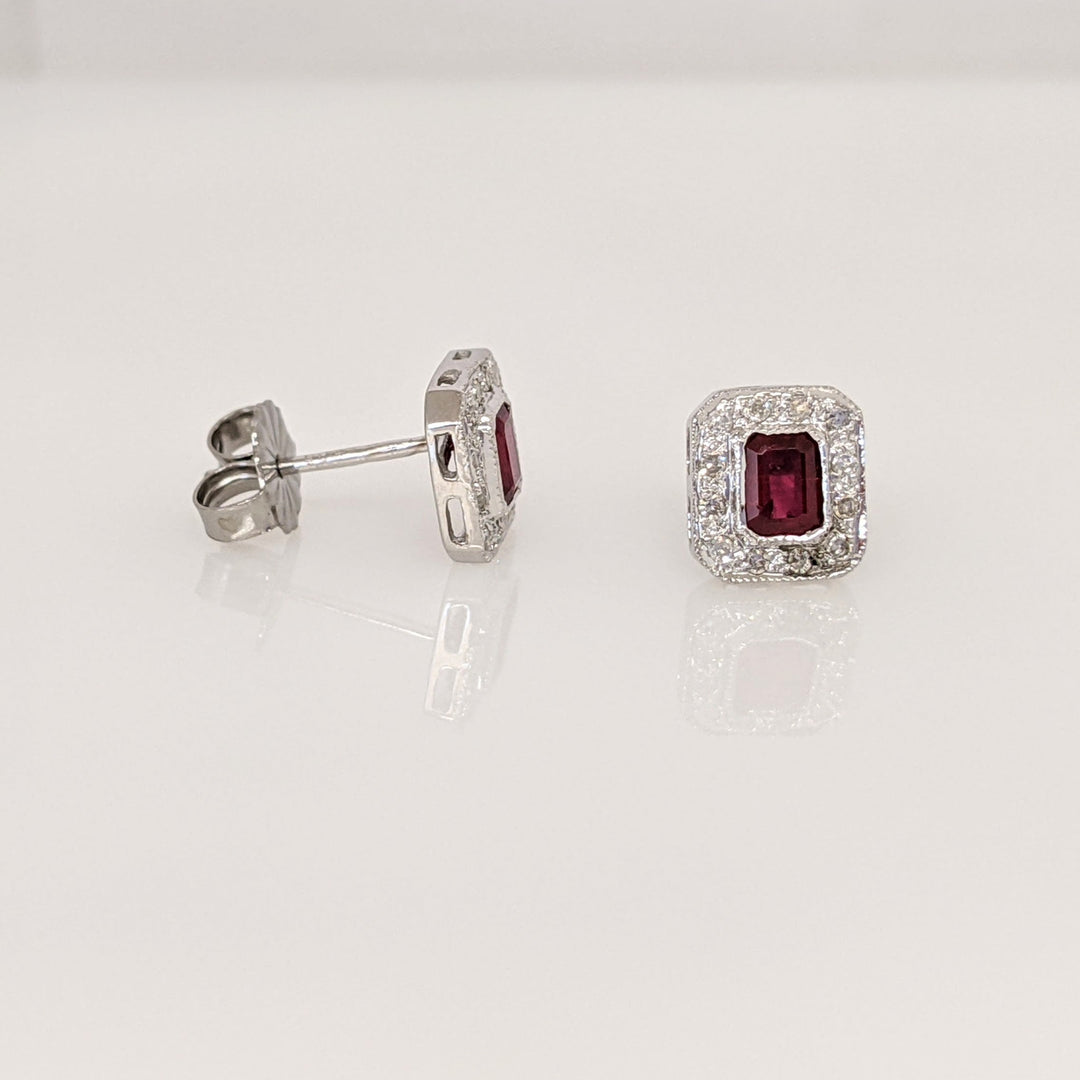 14K WHITE RUBY EMERALD CUT 3X4 WITH MELEE HALO FRAMED ESTATE EARRINGS 1.3 GRAMS