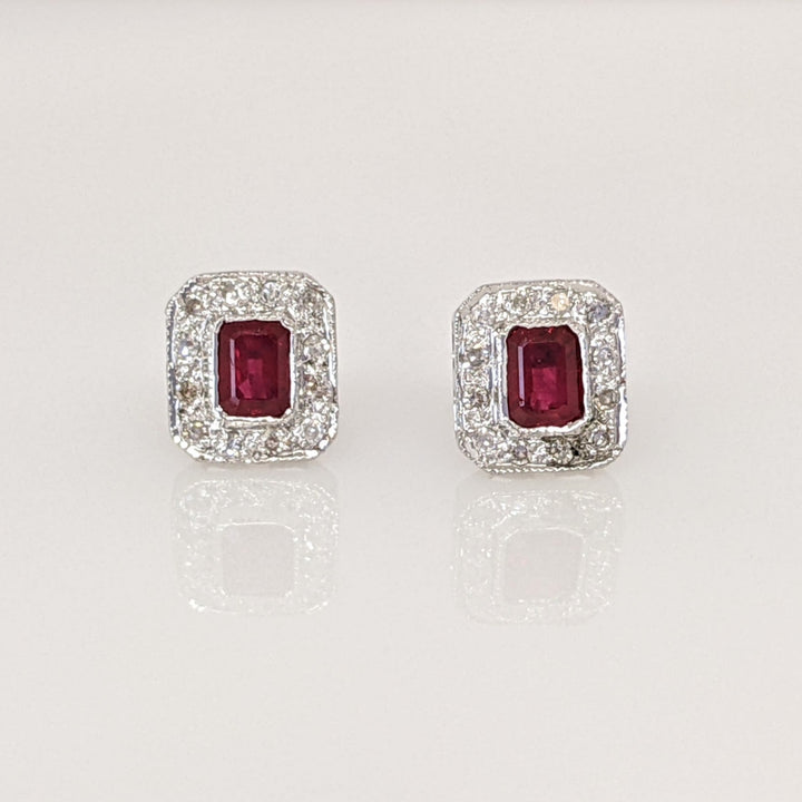 14K WHITE RUBY EMERALD CUT 3X4 WITH MELEE HALO FRAMED ESTATE EARRINGS 1.3 GRAMS