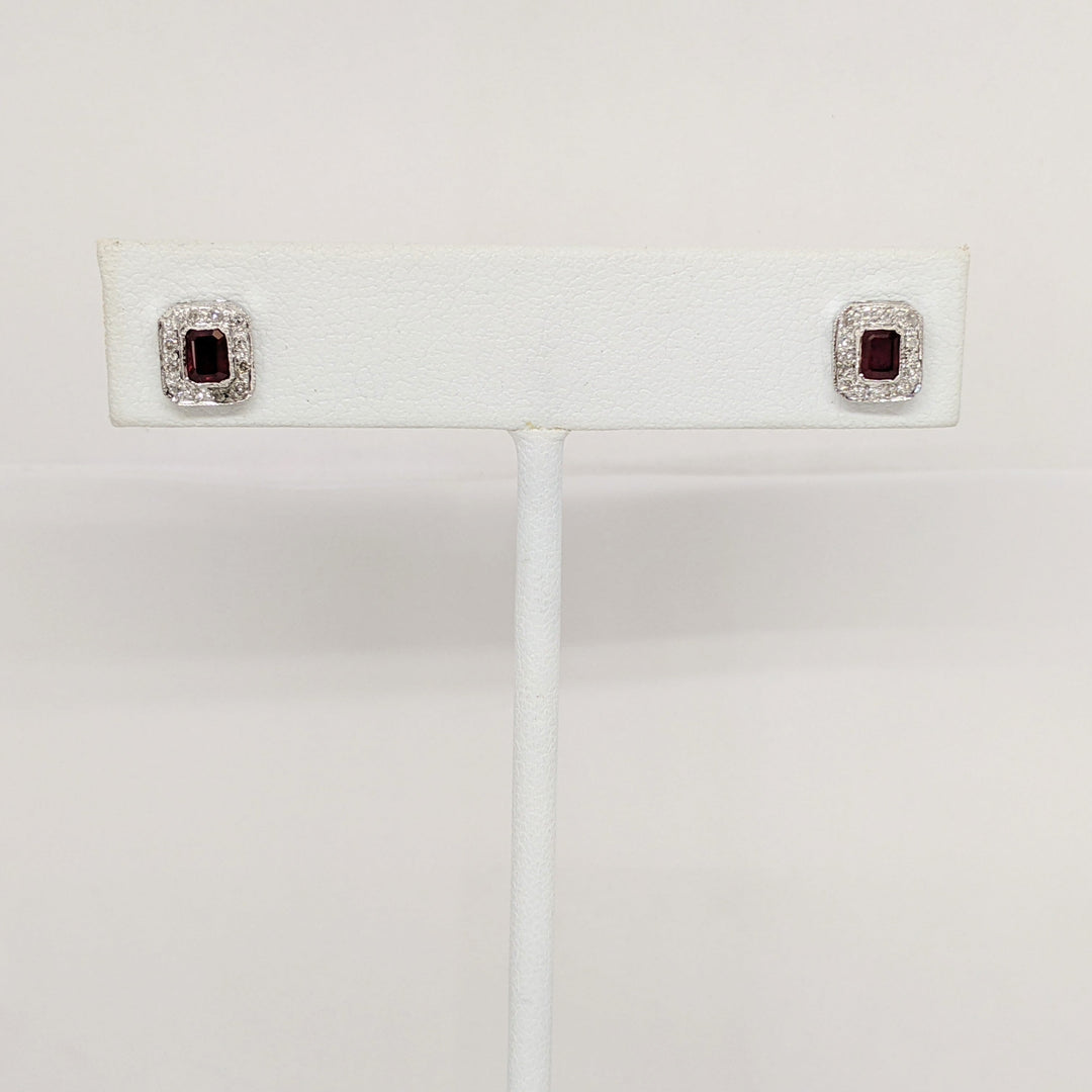 14K WHITE RUBY EMERALD CUT 3X4 WITH MELEE HALO FRAMED ESTATE EARRINGS 1.3 GRAMS