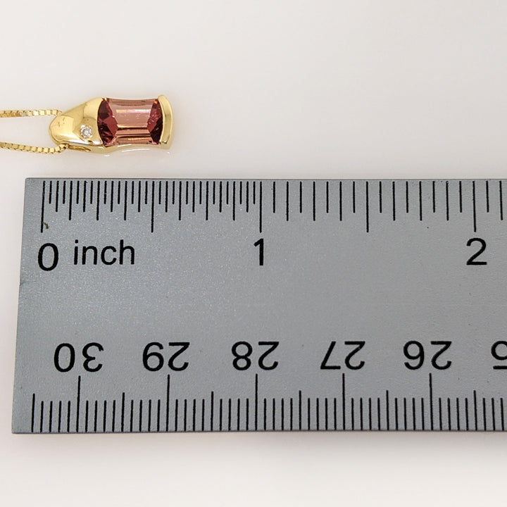 18K PINK TOURMALINE EMERALD CUT 5X8 WITH MELEE ESTATE PENDANT & 14K CHAIN 3.1 GRAMS