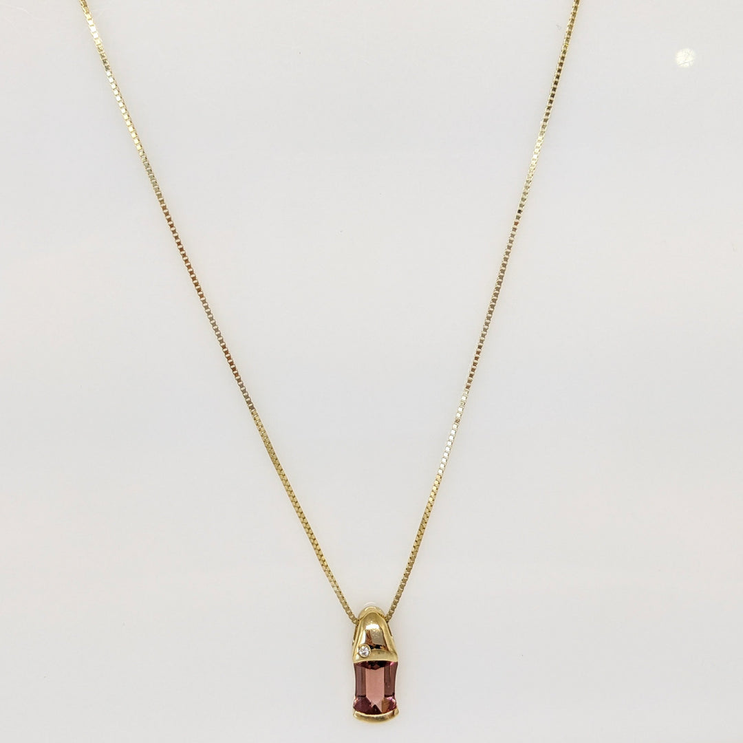 18K PINK TOURMALINE EMERALD CUT 5X8 WITH MELEE ESTATE PENDANT & 14K CHAIN 3.1 GRAMS