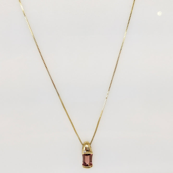 18K PINK TOURMALINE EMERALD CUT 5X8 WITH MELEE ESTATE PENDANT & 14K CHAIN 3.1 GRAMS