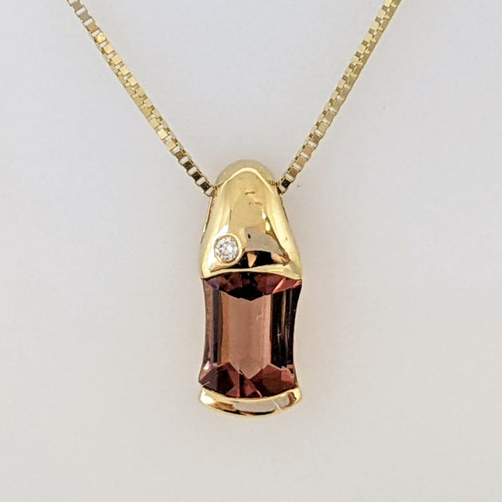18K PINK TOURMALINE EMERALD CUT 5X8 WITH MELEE ESTATE PENDANT & 14K CHAIN 3.1 GRAMS