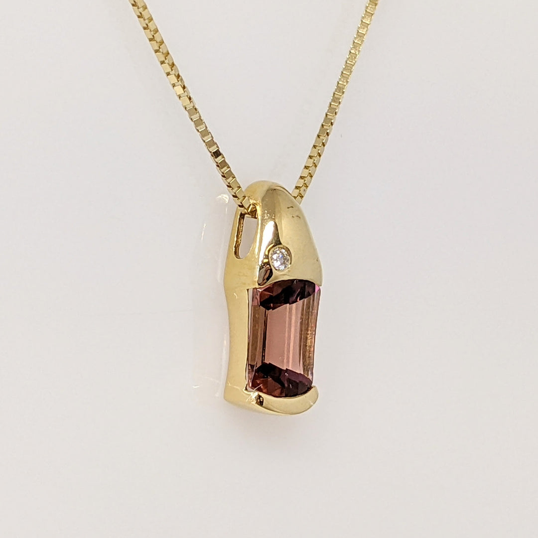 18K PINK TOURMALINE EMERALD CUT 5X8 WITH MELEE ESTATE PENDANT & 14K CHAIN 3.1 GRAMS