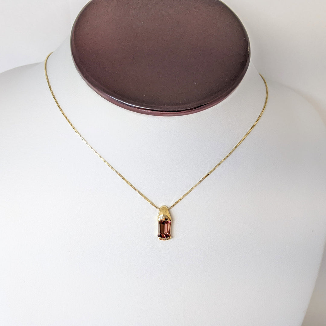 18K PINK TOURMALINE EMERALD CUT 5X8 WITH MELEE ESTATE PENDANT & 14K CHAIN 3.1 GRAMS