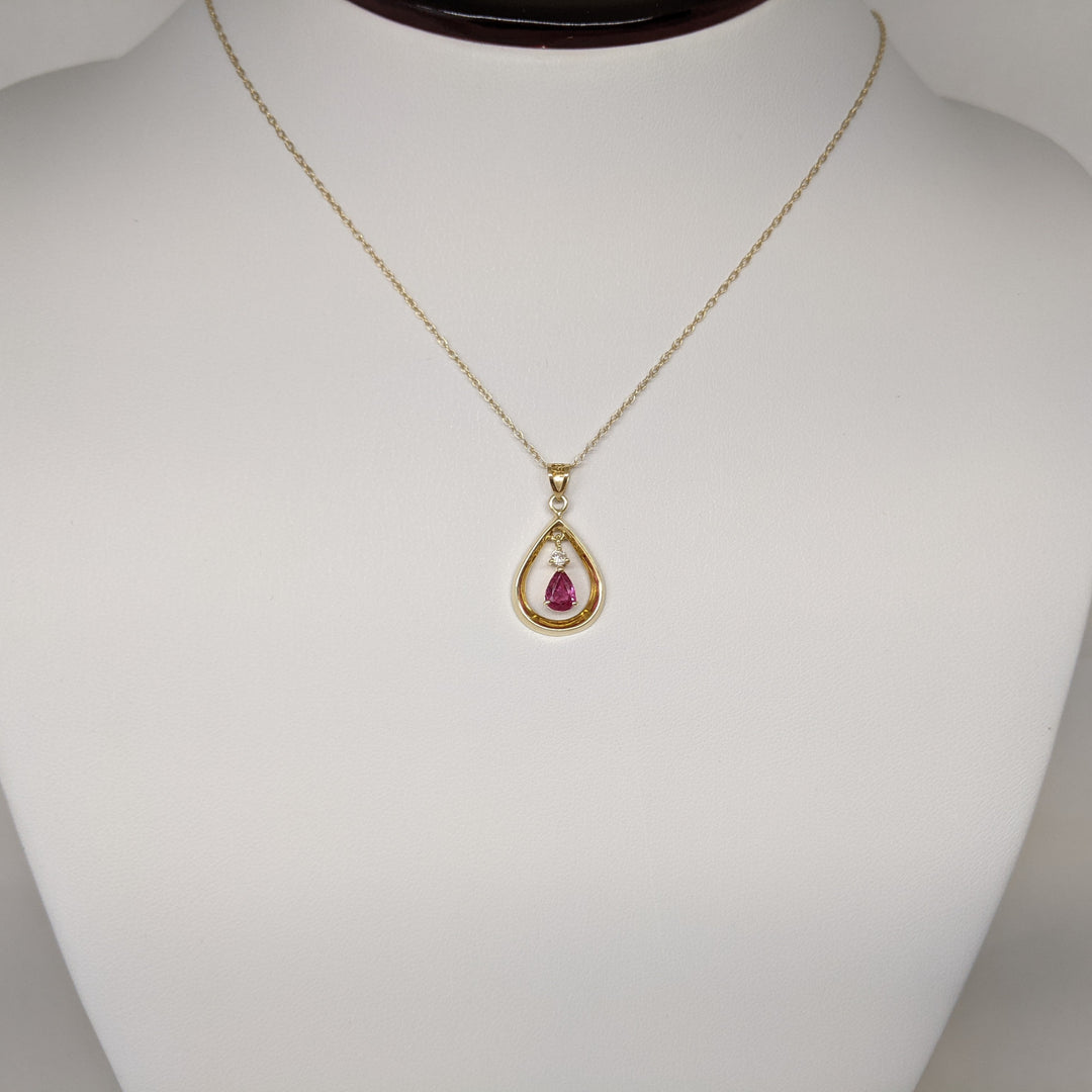 14K RUBY PEAR 4X5 WITH MELEE OPEN PEAR ESTATE PENDANT & CHAIN 1.8 GRAMS