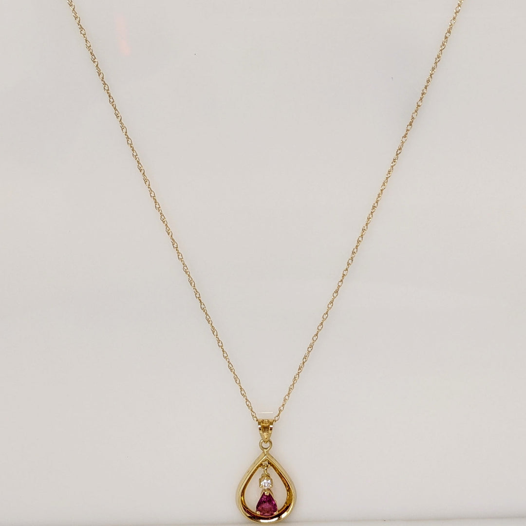 14K RUBY PEAR 4X5 WITH MELEE OPEN PEAR ESTATE PENDANT & CHAIN 1.8 GRAMS