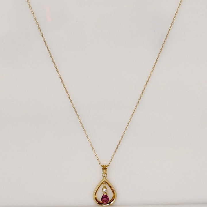 14K RUBY PEAR 4X5 WITH MELEE OPEN PEAR ESTATE PENDANT & CHAIN 1.8 GRAMS