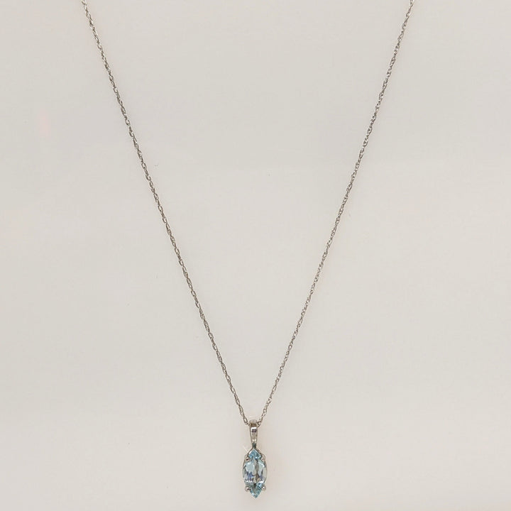 14K WHITE AQUAMARINE MARQUISE 4X8 ESTATE PENDANT & CHAIN 0.9 GRAMS