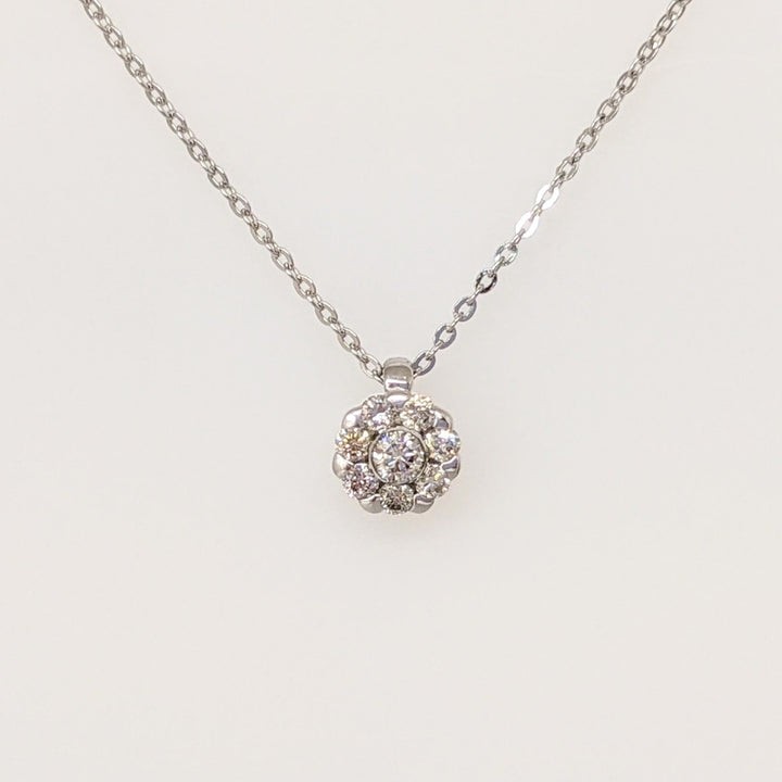14K WHITE .10 CARAT TOTAL WEIGHT DIAMOND ROUND (8) DAINTY CLUSTER ESTATE PENDANT & CHAIN 1.1 GRAM