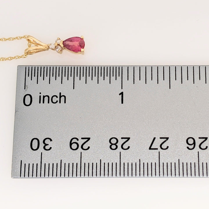 14K RUBY PEAR 4X6 WITH (3) MELEE ESTATE PENDANT & CHAIN 1.7 GRAMS