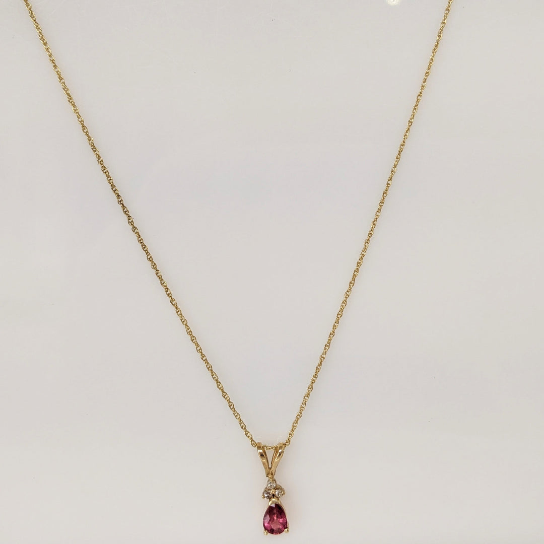 14K RUBY PEAR 4X6 WITH (3) MELEE ESTATE PENDANT & CHAIN 1.7 GRAMS