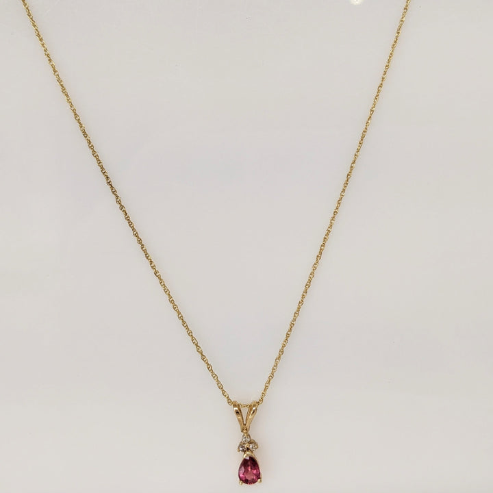 14K RUBY PEAR 4X6 WITH (3) MELEE ESTATE PENDANT & CHAIN 1.7 GRAMS