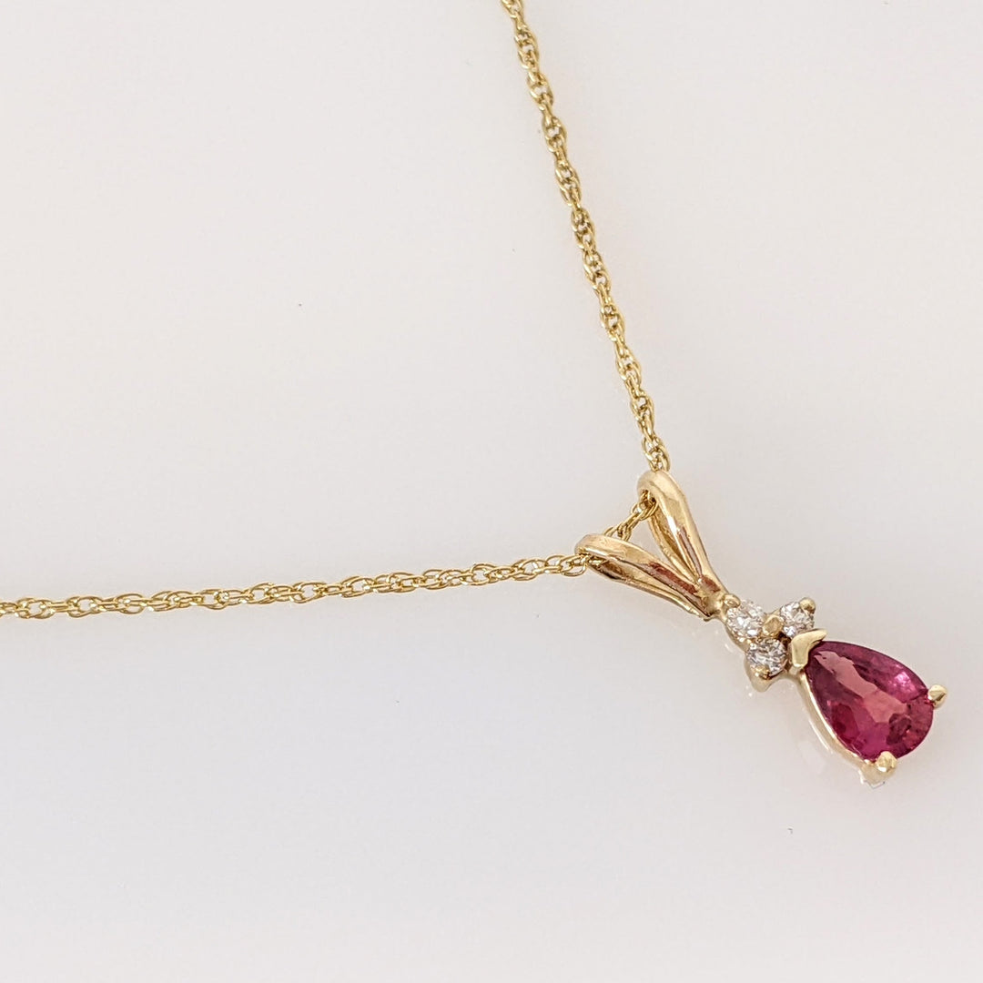 14K RUBY PEAR 4X6 WITH (3) MELEE ESTATE PENDANT & CHAIN 1.7 GRAMS