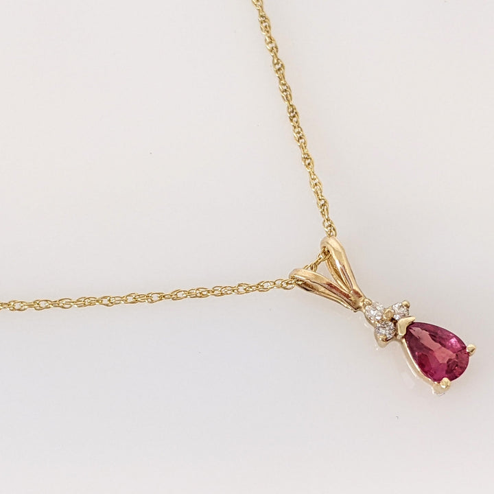 14K RUBY PEAR 4X6 WITH (3) MELEE ESTATE PENDANT & CHAIN 1.7 GRAMS