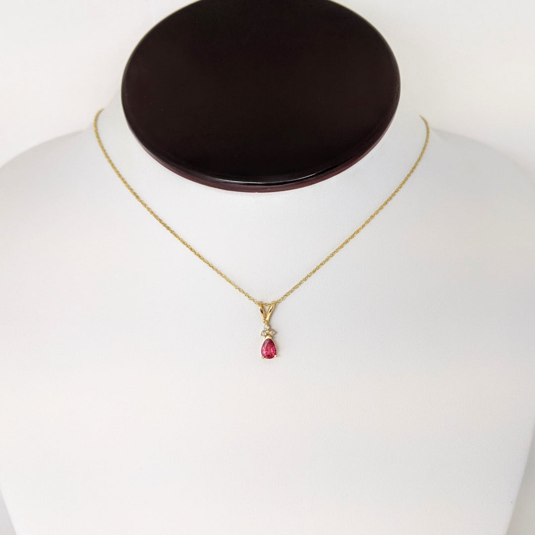 14K RUBY PEAR 4X6 WITH (3) MELEE ESTATE PENDANT & CHAIN 1.7 GRAMS