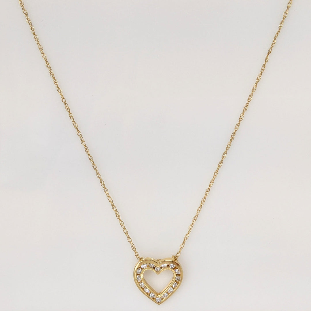 14K .40 CARAT TOTAL WEIGHT I1 I-J DIAMOND ROUND (16) CHANNEL SET ESTATE HEART PENDANT & CHAIN 2.7 GRAMS