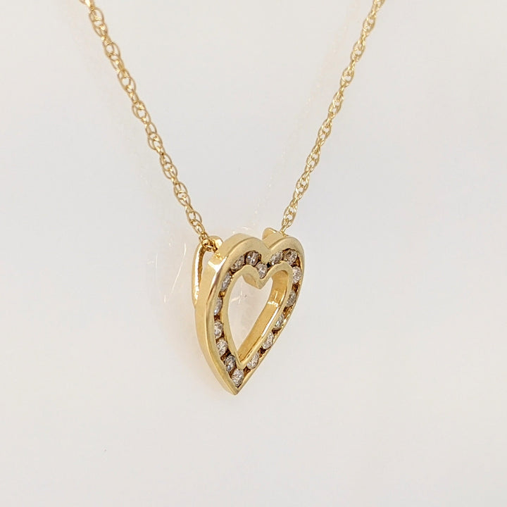 14K .40 CARAT TOTAL WEIGHT I1 I-J DIAMOND ROUND (16) CHANNEL SET ESTATE HEART PENDANT & CHAIN 2.7 GRAMS