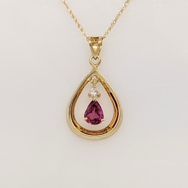 14K RUBY PEAR 4X5 WITH MELEE OPEN PEAR ESTATE PENDANT & CHAIN 1.8 GRAMS