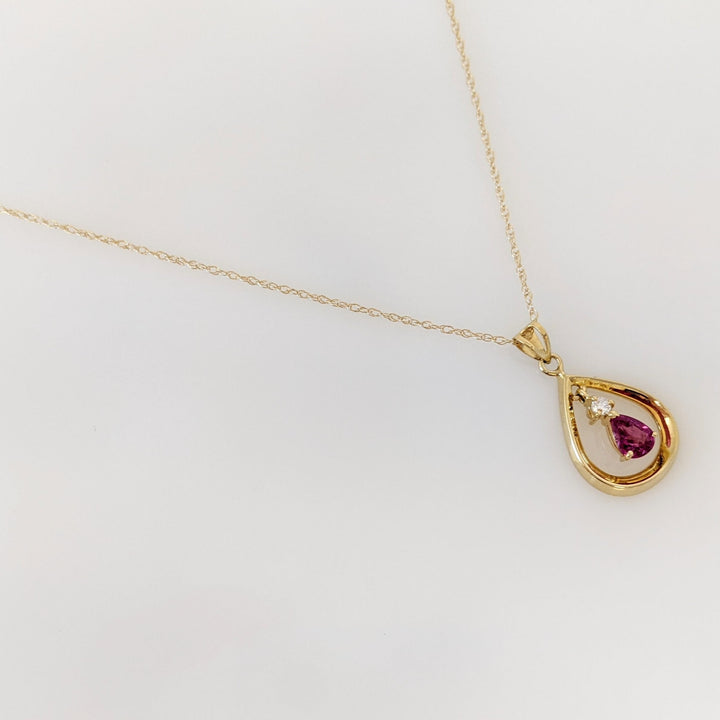 14K RUBY PEAR 4X5 WITH MELEE OPEN PEAR ESTATE PENDANT & CHAIN 1.8 GRAMS
