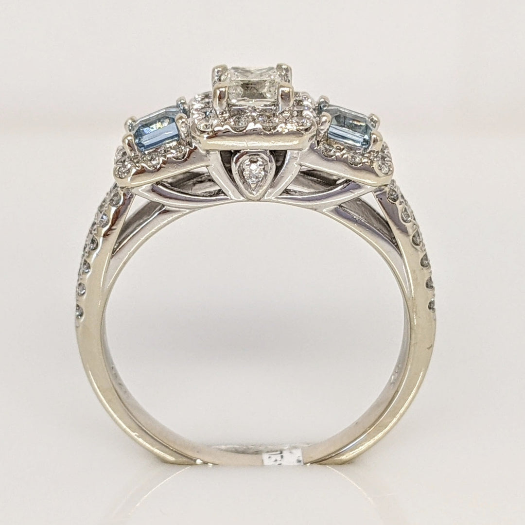 14K WHITE .64 CARAT TOTAL WEIGHT I1 I DIAMOND PRINCESS CUT (1) ROUND (54) AQUAMARINE (2) ESTATE RING 4.1 GRAMS