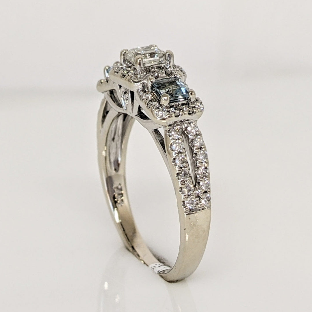 14K WHITE .64 CARAT TOTAL WEIGHT I1 I DIAMOND PRINCESS CUT (1) ROUND (54) AQUAMARINE (2) ESTATE RING 4.1 GRAMS