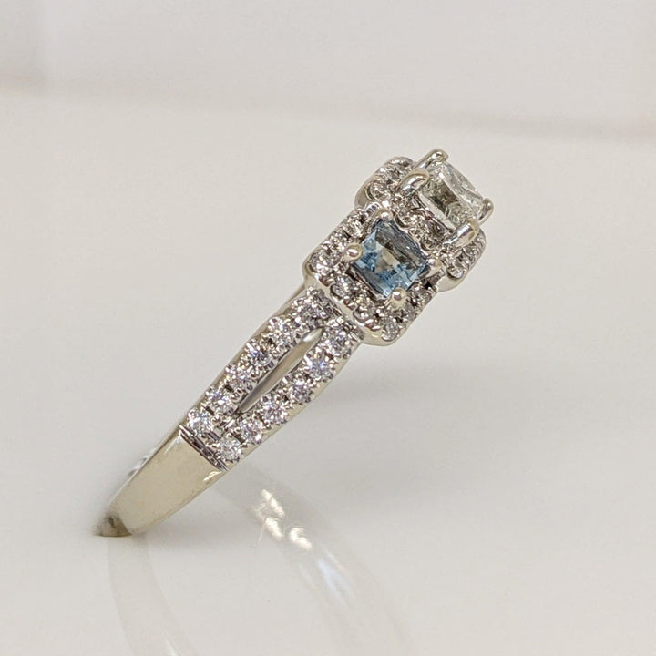 14K WHITE .64 CARAT TOTAL WEIGHT I1 I DIAMOND PRINCESS CUT (1) ROUND (54) AQUAMARINE (2) ESTATE RING 4.1 GRAMS